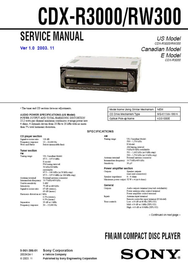 CDX-R3000, CDX-RW300 Ver.1.0